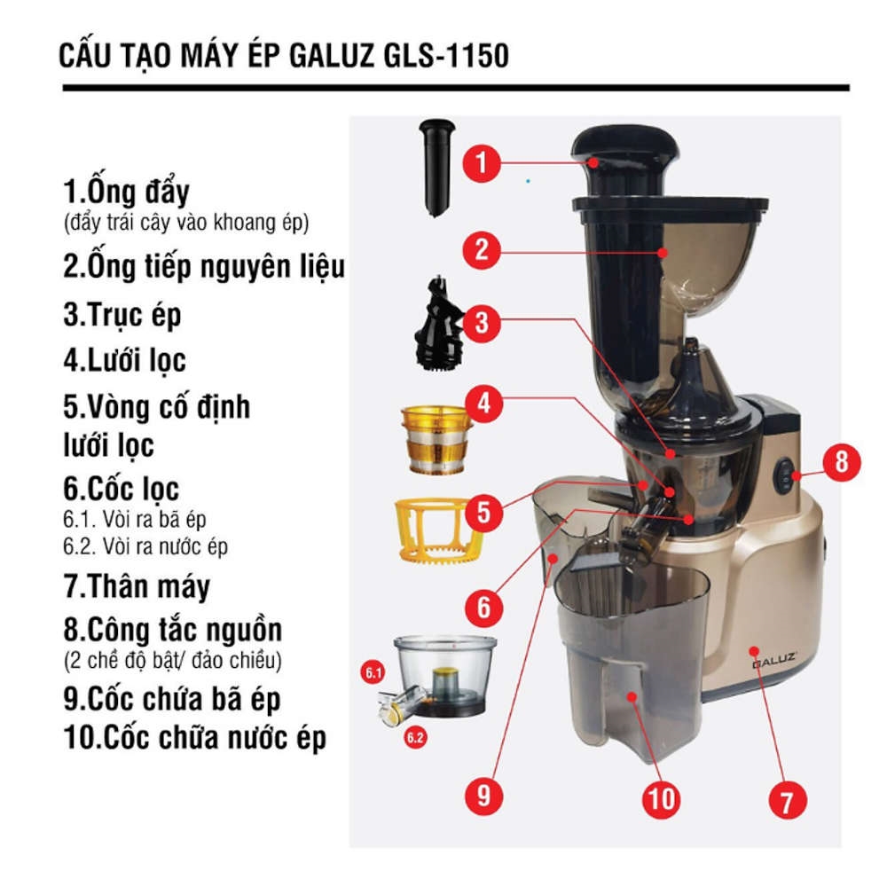 Máy ép chậm kiêm vắt cam GALUZ GLS-1150 công suất 150w