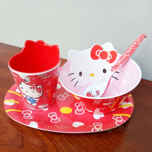 Bộ đồ dùng ăn hình Hello Kitty đỏ cho bé hàng xuất Nhật 02