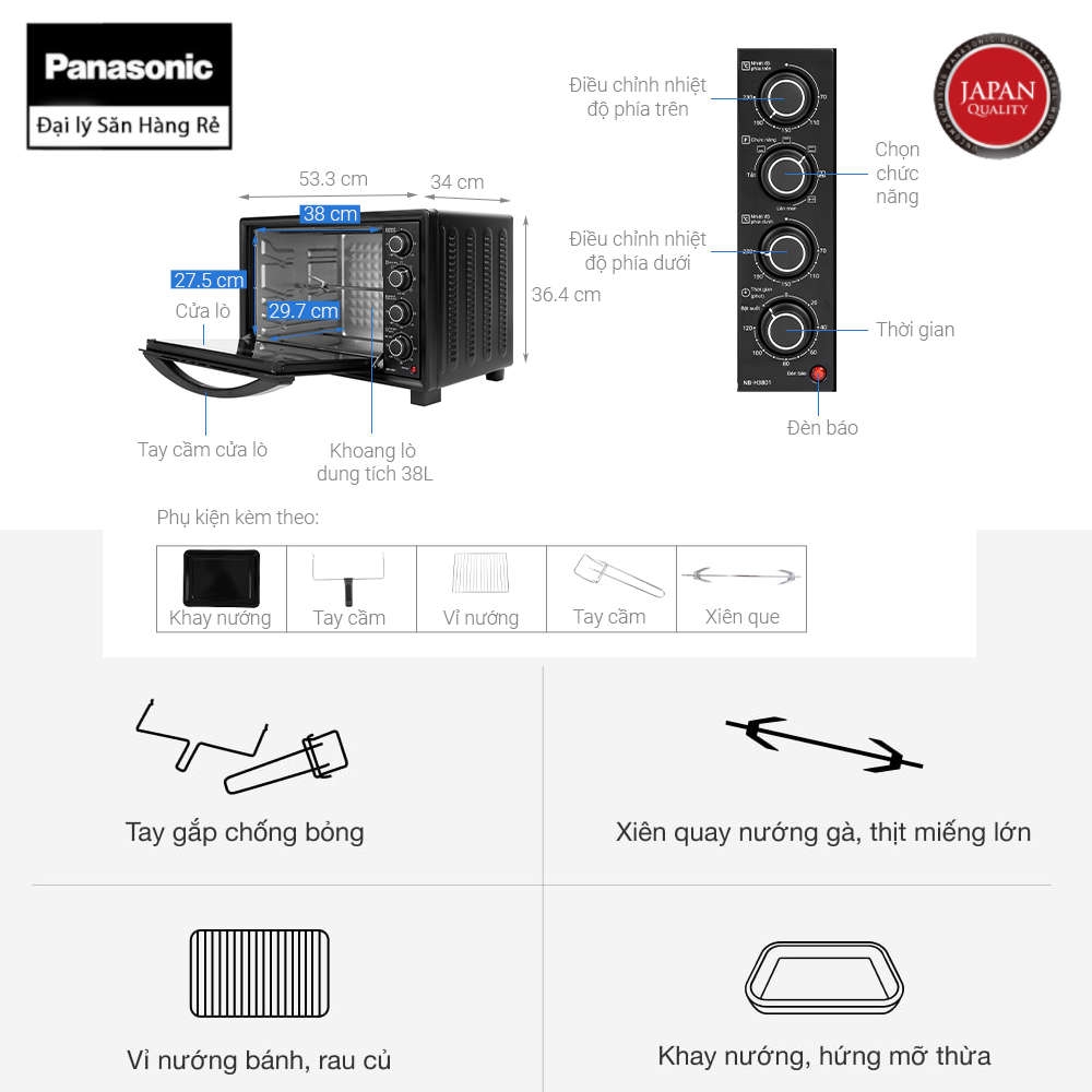 Lò nướng Panasonic NB-H3801KRA dung tích 38 lít